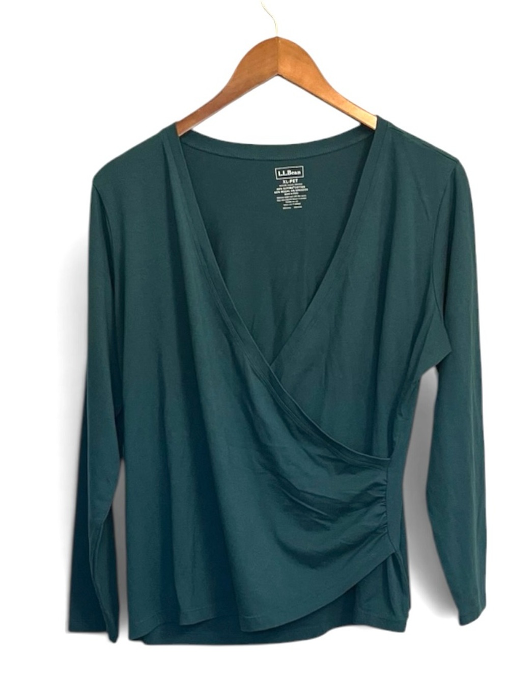 L.L. Bean Women's Dark Teal Faux-Wrap Long Sleeve Top